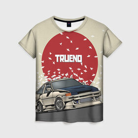 Женская футболка 3D с принтом Toyota Trueno ae86 в Кировске, 100% полиэфир ( синтетическое хлопкоподобное полотно) | прямой крой, круглый вырез горловины, длина до линии бедер | 86 | corolla | crane | hachiroku | jdm | toyota | trueno | ае86 | журавлики | тоёта | тойота | труено | хачироку | япония