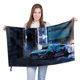 Флаг 3D с принтом Nissan GTR R35 в Кировске, 100% полиэстер | плотность ткани — 95 г/м2, размер — 67 х 109 см. Принт наносится с одной стороны | gtr | nismo | nissan | nissan gtr | r35 | гтр | низмо | ниссан