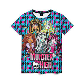 Женская футболка 3D с принтом Monster High в Кировске, 100% полиэфир ( синтетическое хлопкоподобное полотно) | прямой крой, круглый вырез горловины, длина до линии бедер | монстер хай