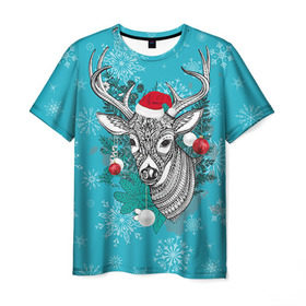 Мужская футболка 3D с принтом Новогодний олень в Кировске, 100% полиэфир | прямой крой, круглый вырез горловины, длина до линии бедер | Тематика изображения на принте: 2016 | christmas | deer | год | новогодний | новый | олень | рождественский | с новым годом