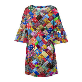 Детское платье 3D с принтом Лоскутное шитьё в Кировске, 100% полиэстер | прямой силуэт, чуть расширенный к низу. Круглая горловина, на рукавах — воланы | Тематика изображения на принте: лоскут | одежда | текстура | ткань | шитьё