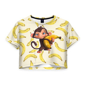 Женская футболка 3D укороченная с принтом Обезьяна с бананом в Кировске, 100% полиэстер | круглая горловина, длина футболки до линии талии, рукава с отворотами | мартышка | обезьяна