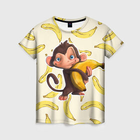 Женская футболка 3D с принтом Обезьяна с бананом в Кировске, 100% полиэфир ( синтетическое хлопкоподобное полотно) | прямой крой, круглый вырез горловины, длина до линии бедер | мартышка | обезьяна