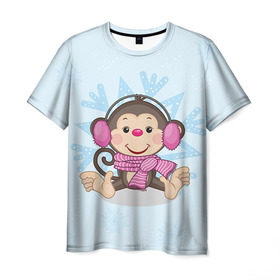 Мужская футболка 3D с принтом Обезьянка в Кировске, 100% полиэфир | прямой крой, круглый вырез горловины, длина до линии бедер | 2016 | год | мартышка | новый | обезьяна | с новым год | снежинка