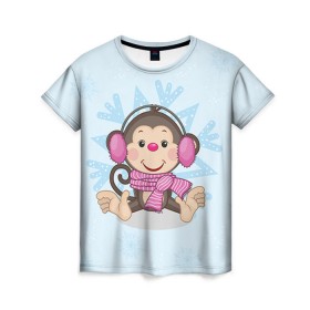 Женская футболка 3D с принтом Обезьянка в Кировске, 100% полиэфир ( синтетическое хлопкоподобное полотно) | прямой крой, круглый вырез горловины, длина до линии бедер | 2016 | год | мартышка | новый | обезьяна | с новым год | снежинка