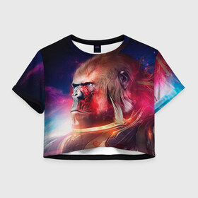 Женская футболка 3D укороченная с принтом Обезьяна в космосе в Кировске, 100% полиэстер | круглая горловина, длина футболки до линии талии, рукава с отворотами | 2016 | год | космос | мартышка | новый | обезьяна | с новым год