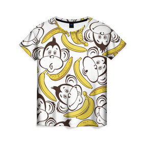 Женская футболка 3D с принтом Обезьянки и бананы в Кировске, 100% полиэфир ( синтетическое хлопкоподобное полотно) | прямой крой, круглый вырез горловины, длина до линии бедер | Тематика изображения на принте: банан