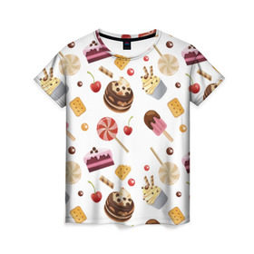 Женская футболка 3D с принтом Sweet time в Кировске, 100% полиэфир ( синтетическое хлопкоподобное полотно) | прямой крой, круглый вырез горловины, длина до линии бедер | candy | капкейп | милый | мороженое | пирожное | торт