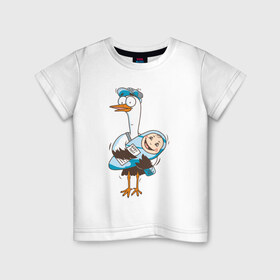 Детская футболка хлопок с принтом Аист с малышом в Кировске, 100% хлопок | круглый вырез горловины, полуприлегающий силуэт, длина до линии бедер | аист | девочка | малыш | мальчик | ребенок