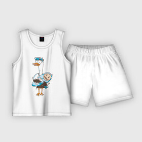 Детская пижама с шортами хлопок с принтом Аист с малышом в Кировске,  |  | аист | девочка | малыш | мальчик | ребенок