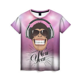 Женская футболка 3D с принтом Веселого Нового Года! в Кировске, 100% полиэфир ( синтетическое хлопкоподобное полотно) | прямой крой, круглый вырез горловины, длина до линии бедер | 2016 | год | мартышка | новогодний | новый | обезьяна | обезьянка | подарок | с новым годом