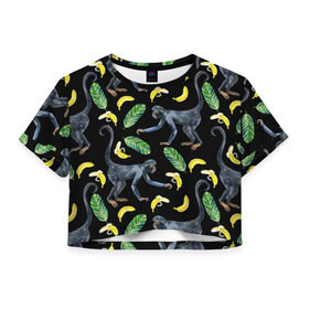 Женская футболка 3D укороченная с принтом Обезьянки и бананы в Кировске, 100% полиэстер | круглая горловина, длина футболки до линии талии, рукава с отворотами | банан