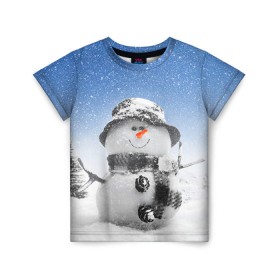 Детская футболка 3D с принтом Снеговик в Кировске, 100% гипоаллергенный полиэфир | прямой крой, круглый вырез горловины, длина до линии бедер, чуть спущенное плечо, ткань немного тянется | Тематика изображения на принте: 2016 | winter | год | зима | мартышка | новогодний | новый | обезьяна | обезьянка | подарок | с новым годом | снег | снеговик