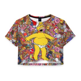 Женская футболка 3D укороченная с принтом Обжора Гомер в Кировске, 100% полиэстер | круглая горловина, длина футболки до линии талии, рукава с отворотами | гомер