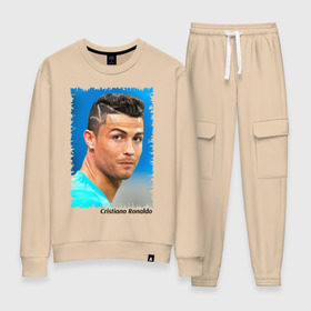 Женский костюм хлопок с принтом Cristiano Ronaldo в Кировске, 100% хлопок | на свитшоте круглая горловина, мягкая резинка по низу. Брюки заужены к низу, на них два вида карманов: два 