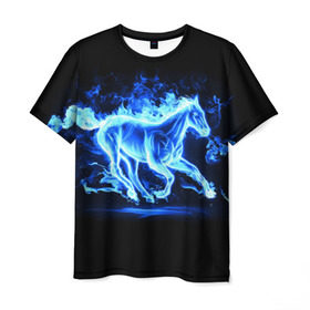 Мужская футболка 3D с принтом Ледяной конь в Кировске, 100% полиэфир | прямой крой, круглый вырез горловины, длина до линии бедер | Тематика изображения на принте: арт | лёд | лошадь | огонь | пламя