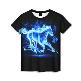 Женская футболка 3D с принтом Ледяной конь в Кировске, 100% полиэфир ( синтетическое хлопкоподобное полотно) | прямой крой, круглый вырез горловины, длина до линии бедер | Тематика изображения на принте: арт | лёд | лошадь | огонь | пламя