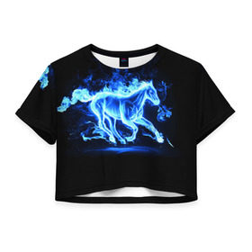 Женская футболка 3D укороченная с принтом Ледяной конь в Кировске, 100% полиэстер | круглая горловина, длина футболки до линии талии, рукава с отворотами | Тематика изображения на принте: арт | лёд | лошадь | огонь | пламя