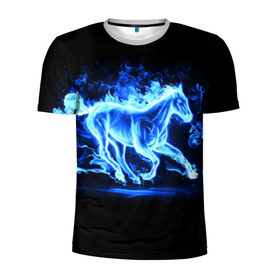 Мужская футболка 3D спортивная с принтом Ледяной конь в Кировске, 100% полиэстер с улучшенными характеристиками | приталенный силуэт, круглая горловина, широкие плечи, сужается к линии бедра | Тематика изображения на принте: арт | лёд | лошадь | огонь | пламя