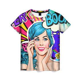 Женская футболка 3D с принтом Pop art в Кировске, 100% полиэфир ( синтетическое хлопкоподобное полотно) | прямой крой, круглый вырез горловины, длина до линии бедер | bang | boom | omg | pop art | super | wow | wtf | арт | поп | ретро | уорхол | энди
