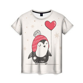 Женская футболка 3D с принтом Пингвин с шариком в Кировске, 100% полиэфир ( синтетическое хлопкоподобное полотно) | прямой крой, круглый вырез горловины, длина до линии бедер | пингвин