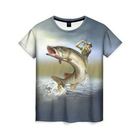 Женская футболка 3D с принтом Щука в Кировске, 100% полиэфир ( синтетическое хлопкоподобное полотно) | прямой крой, круглый вырез горловины, длина до линии бедер | fishing | рыба | рыбак | рыбалка | туризм | щука