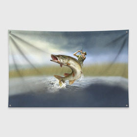 Флаг-баннер с принтом Щука в Кировске, 100% полиэстер | размер 67 х 109 см, плотность ткани — 95 г/м2; по краям флага есть четыре люверса для крепления | fishing | рыба | рыбак | рыбалка | туризм | щука