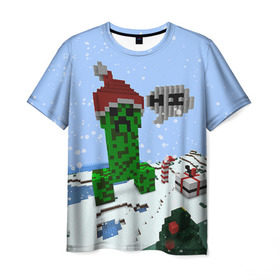Мужская футболка 3D с принтом Minecraft в Кировске, 100% полиэфир | прямой крой, круглый вырез горловины, длина до линии бедер | creeper | крипер | майнкрафт | новогодний