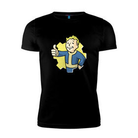 Мужская футболка премиум с принтом Vault Boy в Кировске, 92% хлопок, 8% лайкра | приталенный силуэт, круглый вырез ворота, длина до линии бедра, короткий рукав | boy | fallout | pip | vault | vault boyубежище | фаллаут