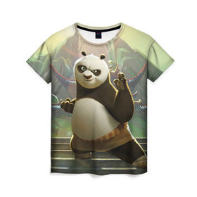 Женская футболка 3D с принтом Кунг фу панда в Кировске, 100% полиэфир ( синтетическое хлопкоподобное полотно) | прямой крой, круглый вырез горловины, длина до линии бедер | kung fu | kung fu panda | panda | кунг фу | кунг фу панда | кунгфу | панда. кунг фу | по