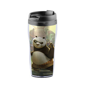 Термокружка-непроливайка с принтом Кунг фу панда в Кировске, внутренняя часть — пищевой пластик, наружная часть — прозрачный пластик, между ними — полиграфическая вставка с рисунком | объем — 350 мл, герметичная крышка | kung fu | kung fu panda | panda | кунг фу | кунг фу панда | кунгфу | панда. кунг фу | по