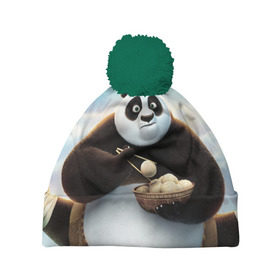 Шапка 3D c помпоном с принтом Кунг фу панда в Кировске, 100% полиэстер | универсальный размер, печать по всей поверхности изделия | панда