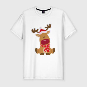 Мужская футболка премиум с принтом Милый олень в Кировске, 92% хлопок, 8% лайкра | приталенный силуэт, круглый вырез ворота, длина до линии бедра, короткий рукав | зима | милый | новый год | олень | праздник | улыбка