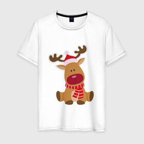 Мужская футболка хлопок с принтом Милый олень в Кировске, 100% хлопок | прямой крой, круглый вырез горловины, длина до линии бедер, слегка спущенное плечо. | зима | милый | новый год | олень | праздник | улыбка