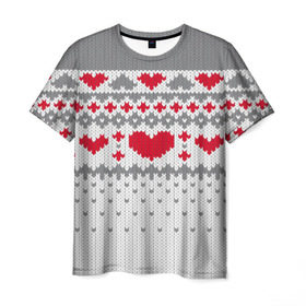 Мужская футболка 3D с принтом Сердечки в Кировске, 100% полиэфир | прямой крой, круглый вырез горловины, длина до линии бедер | вязанье | любовь | свитр | сердечки