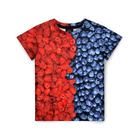 Детская футболка 3D с принтом Ягодка в Кировске, 100% гипоаллергенный полиэфир | прямой крой, круглый вырез горловины, длина до линии бедер, чуть спущенное плечо, ткань немного тянется | клубника | малина | черника | ягода | ягодка | ягодный