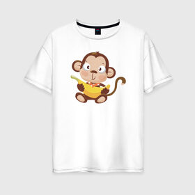 Женская футболка хлопок Oversize с принтом Обезьянка с бананом в Кировске, 100% хлопок | свободный крой, круглый ворот, спущенный рукав, длина до линии бедер
 | 2016 | год | зима | мартышка | новогодний | новый | обезьяна | обезьянка | подарок | с новым годом