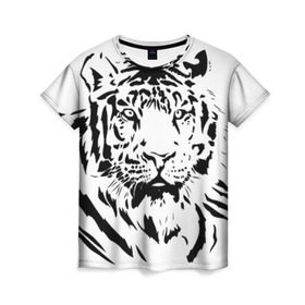 Женская футболка 3D с принтом Тигр в Кировске, 100% полиэфир ( синтетическое хлопкоподобное полотно) | прямой крой, круглый вырез горловины, длина до линии бедер | взгляд | тигр | трафарет | хищник