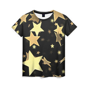 Женская футболка 3D с принтом Золотые звезды в Кировске, 100% полиэфир ( синтетическое хлопкоподобное полотно) | прямой крой, круглый вырез горловины, длина до линии бедер | золотые звезды | орнамент | праздник