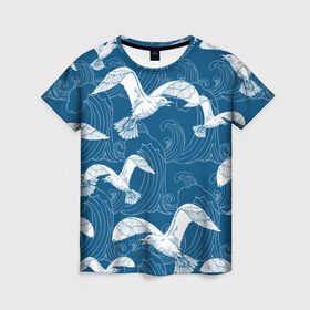 Женская футболка 3D с принтом Чайки в Кировске, 100% полиэфир ( синтетическое хлопкоподобное полотно) | прямой крой, круглый вырез горловины, длина до линии бедер | небо | полет | птицы | чайки