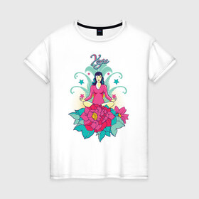 Женская футболка хлопок с принтом Йога в Кировске, 100% хлопок | прямой крой, круглый вырез горловины, длина до линии бедер, слегка спущенное плечо | девушка | звезды | йога | медитация | цветы