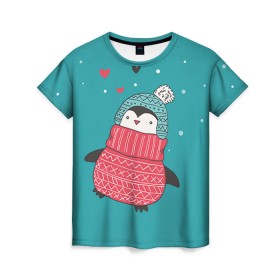 Женская футболка 3D с принтом Пингвинчик в Кировске, 100% полиэфир ( синтетическое хлопкоподобное полотно) | прямой крой, круглый вырез горловины, длина до линии бедер | пингвин