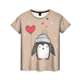 Женская футболка 3D с принтом Пингвин с шариком в Кировске, 100% полиэфир ( синтетическое хлопкоподобное полотно) | прямой крой, круглый вырез горловины, длина до линии бедер | пингвин