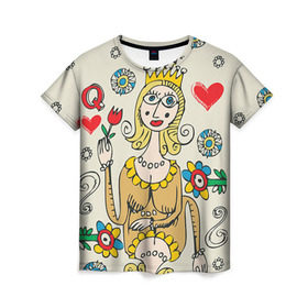 Женская футболка 3D с принтом Червовая дама в Кировске, 100% полиэфир ( синтетическое хлопкоподобное полотно) | прямой крой, круглый вырез горловины, длина до линии бедер | 14 февраля | love | влюбленные | карты | королева | король | лав | любовь | пара | парные | подарок