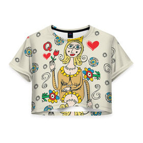 Женская футболка 3D укороченная с принтом Червовая дама в Кировске, 100% полиэстер | круглая горловина, длина футболки до линии талии, рукава с отворотами | 14 февраля | love | влюбленные | карты | королева | король | лав | любовь | пара | парные | подарок