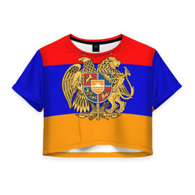 Женская футболка 3D укороченная с принтом Герб и флаг Армении в Кировске, 100% полиэстер | круглая горловина, длина футболки до линии талии, рукава с отворотами | armenia | армения | герб | флаг