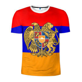 Мужская футболка 3D спортивная с принтом Герб и флаг Армении в Кировске, 100% полиэстер с улучшенными характеристиками | приталенный силуэт, круглая горловина, широкие плечи, сужается к линии бедра | armenia | армения | герб | флаг
