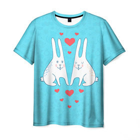 Мужская футболка 3D с принтом Зай и зая в Кировске, 100% полиэфир | прямой крой, круглый вырез горловины, длина до линии бедер | Тематика изображения на принте: 14 февраля | bear | love | teddy | валентин | влюбленный | зайчик | зая | заяц | любовь | милый | рисунок | сердечко | сердце