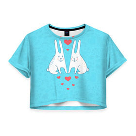 Женская футболка 3D укороченная с принтом Зай и зая в Кировске, 100% полиэстер | круглая горловина, длина футболки до линии талии, рукава с отворотами | 14 февраля | bear | love | teddy | валентин | влюбленный | зайчик | зая | заяц | любовь | милый | рисунок | сердечко | сердце