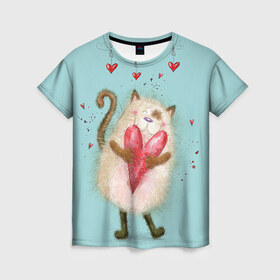 Женская футболка 3D с принтом Котик в Кировске, 100% полиэфир ( синтетическое хлопкоподобное полотно) | прямой крой, круглый вырез горловины, длина до линии бедер | 14 февраля | bear | love | teddy | валентин | влюбленный | киска | кот | котик | любовь | милый | рисунок | сердечко | сердце